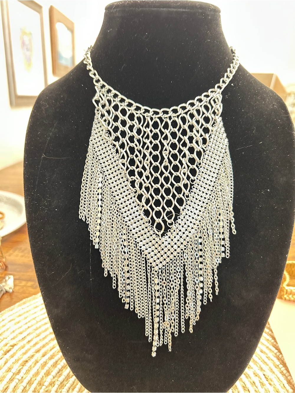 Dramatic Silver Fringe Statement Necklace with Layered Chain V-Front